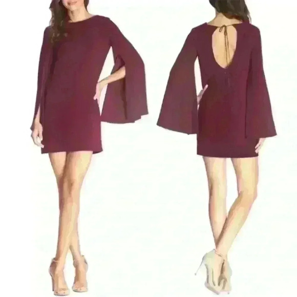 NWT Dress the Population Lillie Cape Sleeve Knit Jersey Mini Dress XXL Burgundy - Picture 2 of 16
